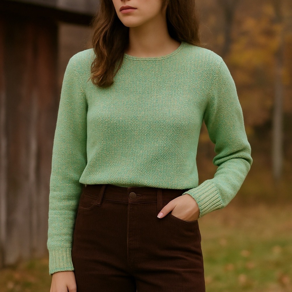 L.L. Bean Women's Cotton Sweater Small Green Blue Marled Knit Crewneck Pullover